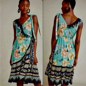 Anthropologie Asymmetrical Floral Dress in Teal and Black